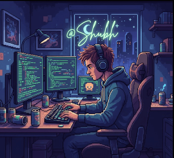 Pixel-art illustration of a developer coding at night beneath a glowing @Shubh sign
